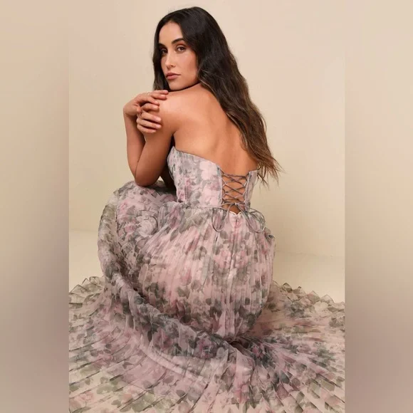 NWOT Lulus Most Beautiful Day Pink Multi Floral Print Organza Maxi Dress - Picture 5 of 10